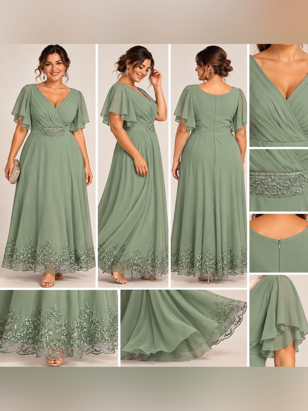 Sage Green Plus Size Beaded Chiffon Formal Dress NWT
